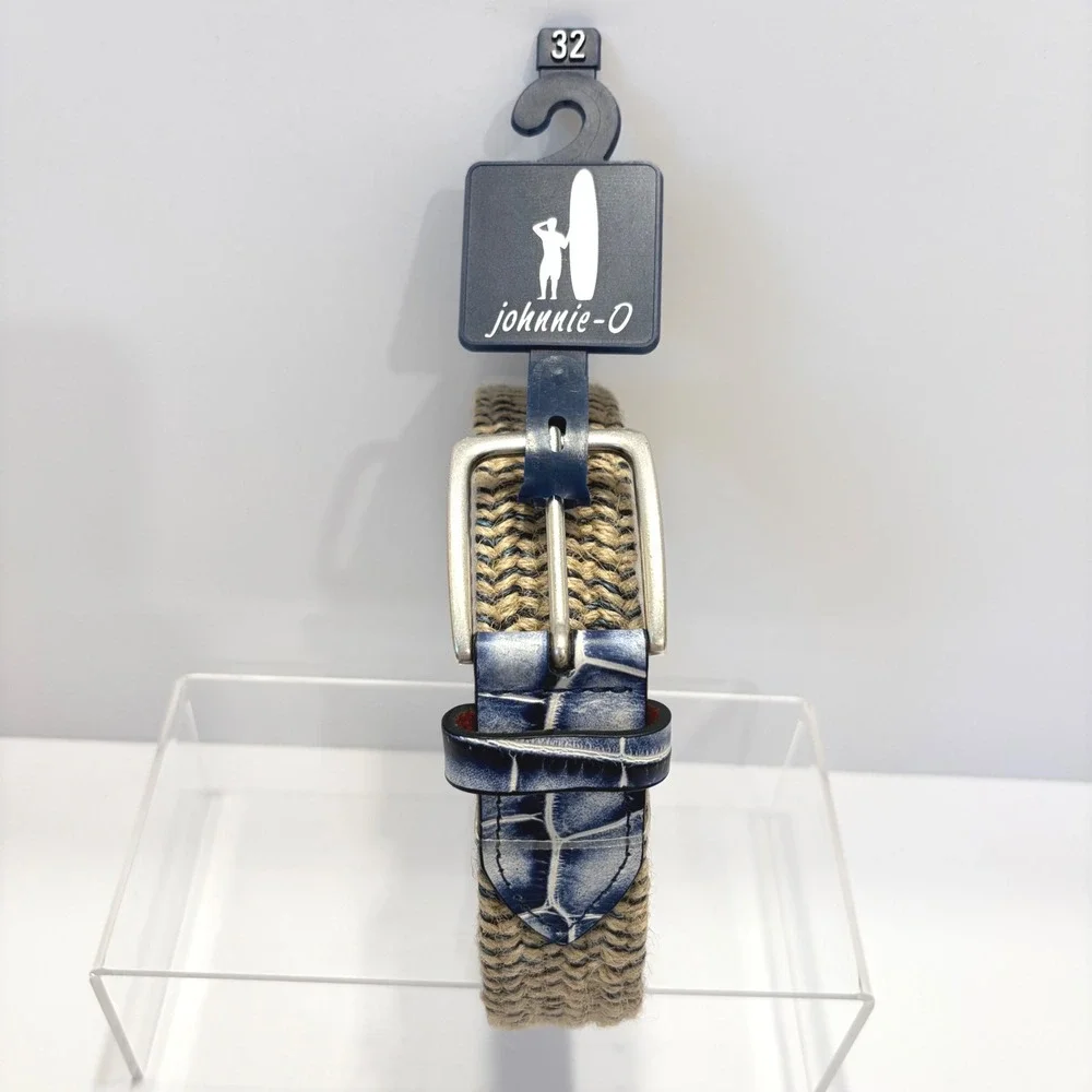 NEW Johnnie-O Mens Braided Jute Belt Malibu Blue Crocco Tip Size 32 NEW Beach
